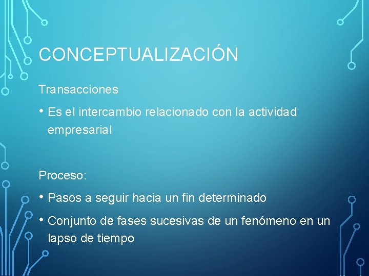 CONCEPTUALIZACIÓN Transacciones • Es el intercambio relacionado con la actividad empresarial Proceso: • Pasos CONCEPTUALIZACIÓN Transacciones • Es el intercambio relacionado con la actividad empresarial Proceso: • Pasos