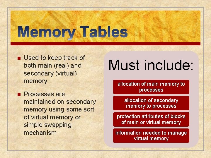 n n Used to keep track of both main (real) and secondary (virtual) memory