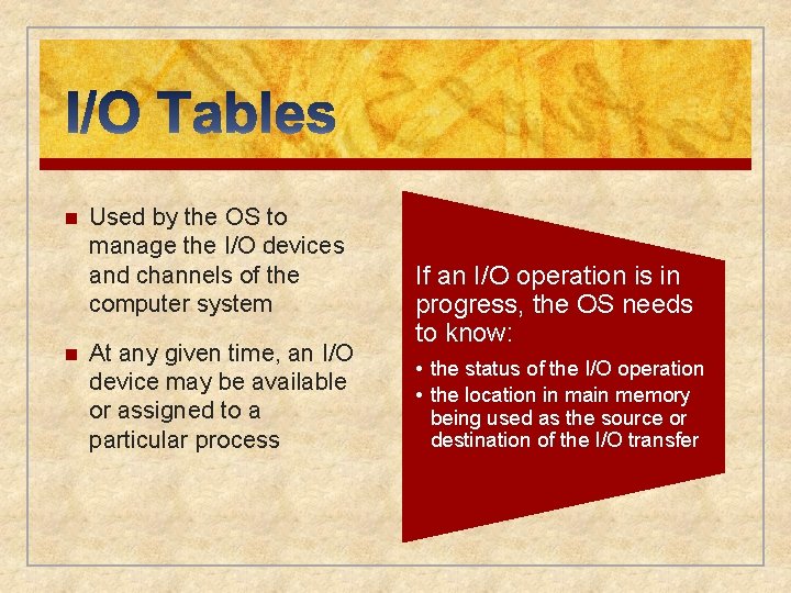 n n Used by the OS to manage the I/O devices and channels of