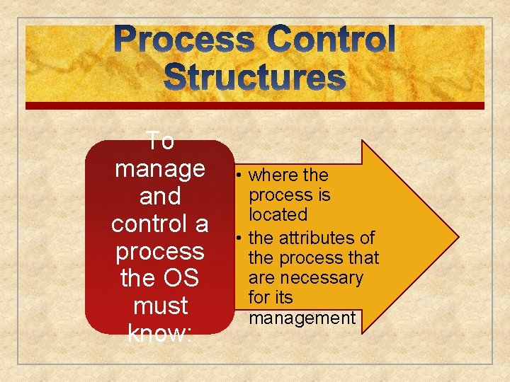 To manage and control a process the OS must know: • where the process