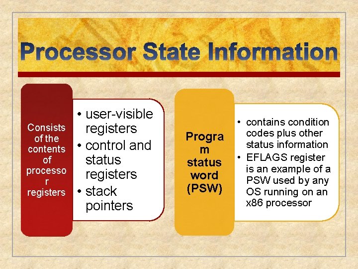 Consists of the contents of processo r registers • user-visible registers • control and