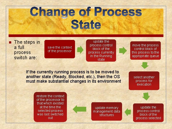 n The steps in a full process switch are: save the context of the