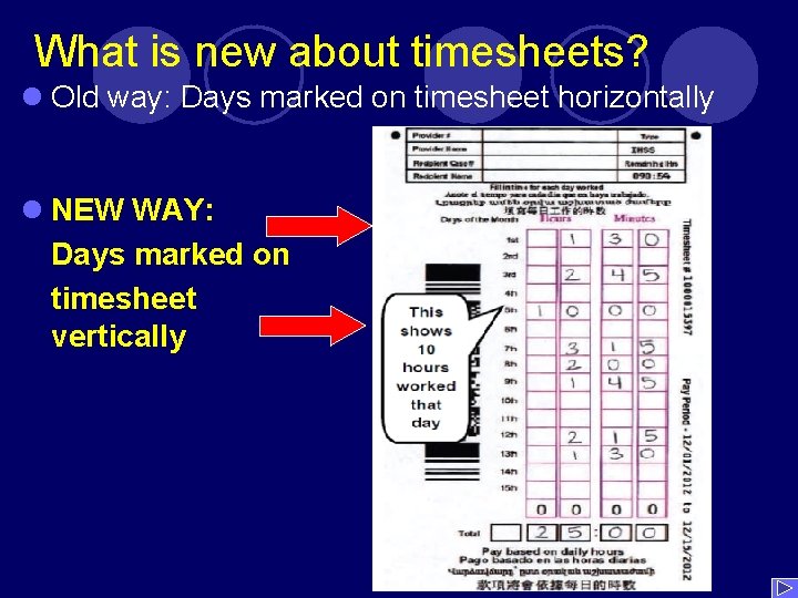 What is new about timesheets? l Old way: Days marked on timesheet horizontally l