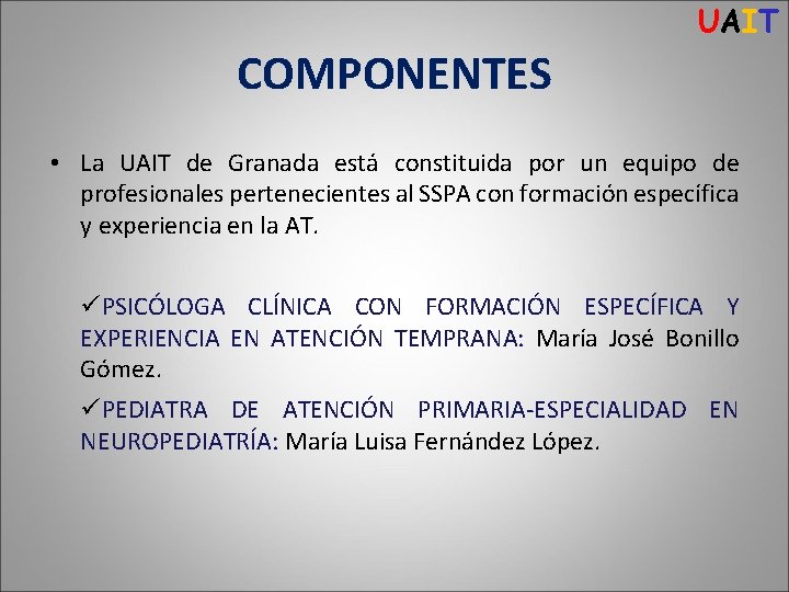 UAIT COMPONENTES • La UAIT de Granada está constituida por un equipo de profesionales
