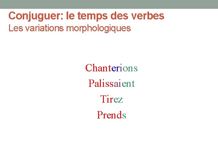 Conjuguer: le temps des verbes Les variations morphologiques Chanterions Palissaient Tirez Prends 