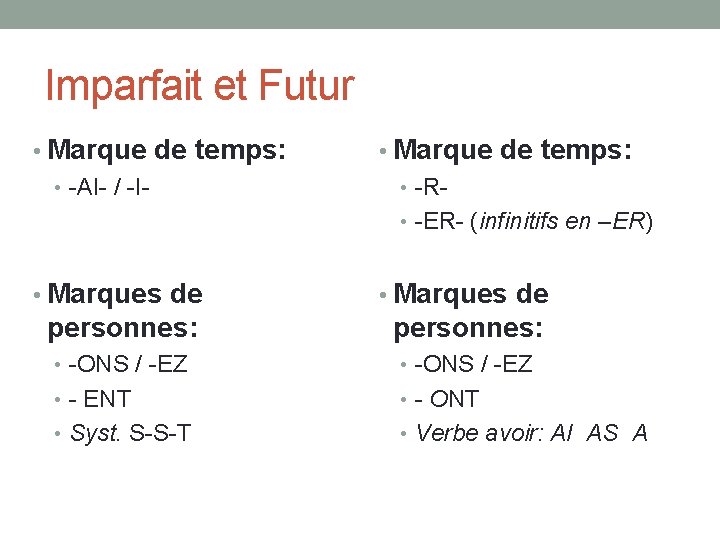 Imparfait et Futur • Marque de temps: • -AI- / -I- • Marque de