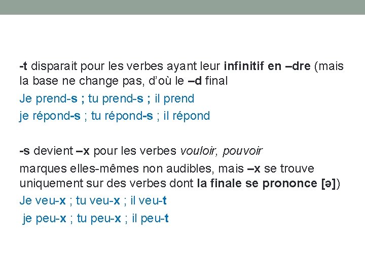 -t disparait pour les verbes ayant leur infinitif en –dre (mais la base ne