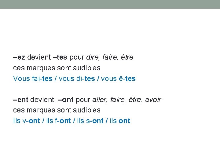 –ez devient –tes pour dire, faire, être ces marques sont audibles Vous fai-tes /