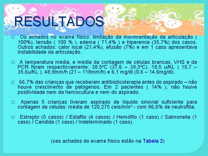 RESULTADOS � � Os achados no exame físico: limitação da movimentação da articulação (