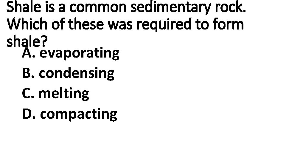 Shale is a common sedimentary rock. Which of these was required to form shale?