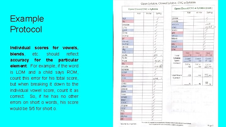 Example Protocol Individual scores for vowels, blends, etc. should reflect accuracy for the particular Example Protocol Individual scores for vowels, blends, etc. should reflect accuracy for the particular