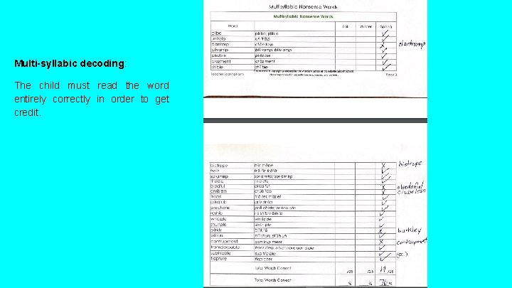 Multi-syllabic decoding: The child must read the word entirely correctly in order to get Multi-syllabic decoding: The child must read the word entirely correctly in order to get