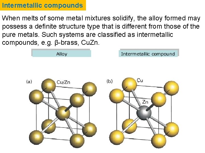 Intermetallic compounds When melts of some metal mixtures solidify, the alloy formed may possess