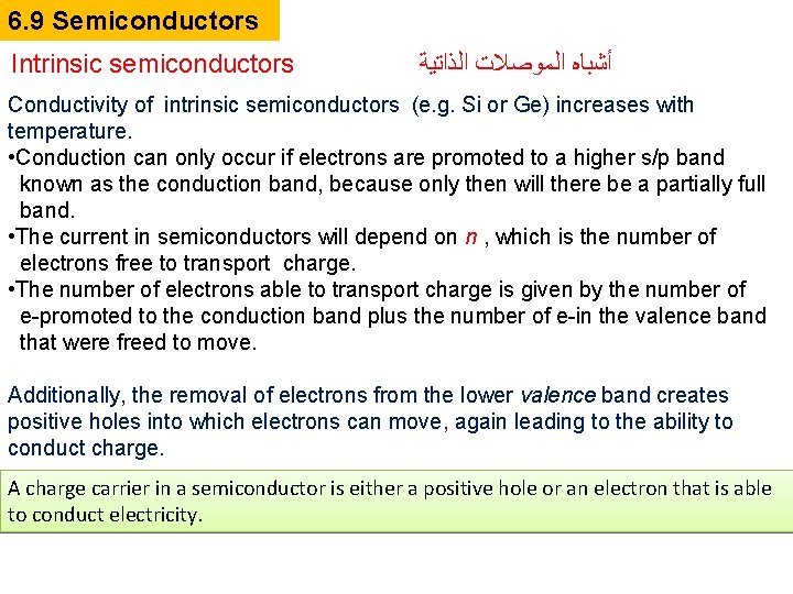 6. 9 Semiconductors Intrinsic semiconductors ﺃﺸﺒﺎﻩ ﺍﻟﻤﻮﺻﻼﺕ ﺍﻟﺬﺍﺗﻴﺔ Conductivity of intrinsic semiconductors (e. g. 6. 9 Semiconductors Intrinsic semiconductors ﺃﺸﺒﺎﻩ ﺍﻟﻤﻮﺻﻼﺕ ﺍﻟﺬﺍﺗﻴﺔ Conductivity of intrinsic semiconductors (e. g.