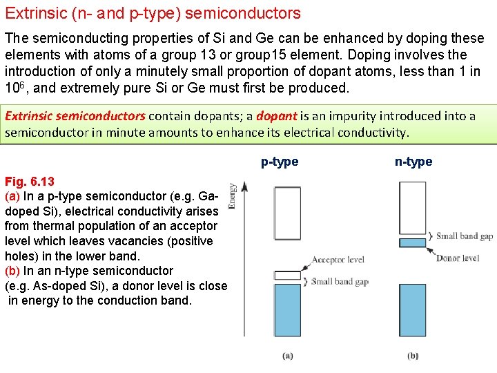 Extrinsic (n- and p-type) semiconductors The semiconducting properties of Si and Ge can be