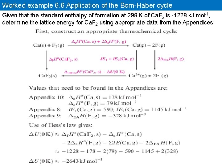 Worked example 6. 6 Application of the Born-Haber cycle Given that the standard enthalpy