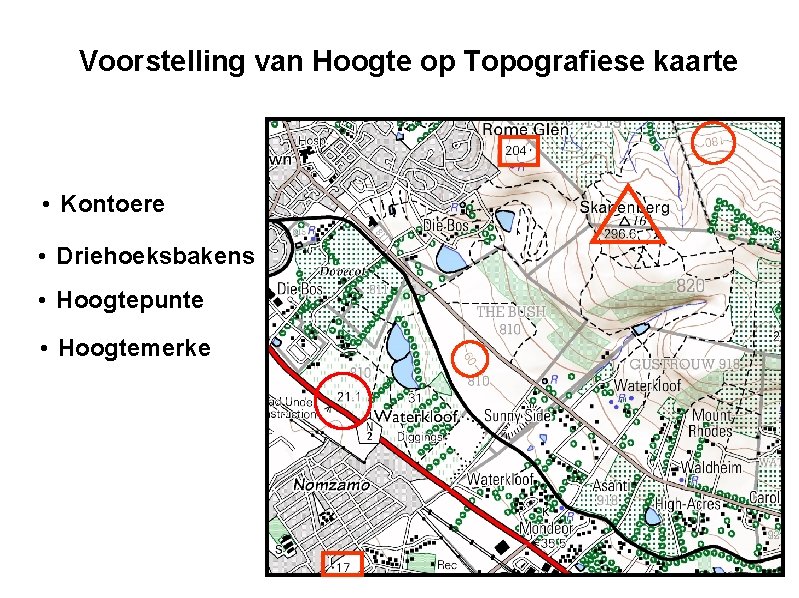 Voorstelling van Hoogte op Topografiese kaarte • Kontoere • Driehoeksbakens • Hoogtepunte • Hoogtemerke