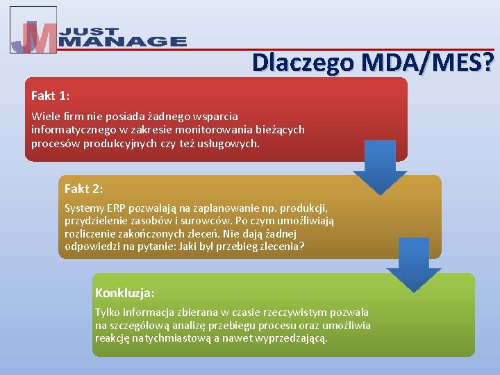 Dlaczego MDA/MES? Fakt 1: Wiele firm nie posiada żadnego wsparcia informatycznego w zakresie monitorowania