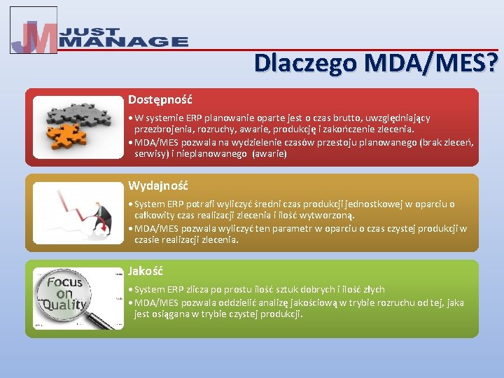 Dlaczego MDA/MES? Dostępność • W systemie ERP planowanie oparte jest o czas brutto, uwzględniający