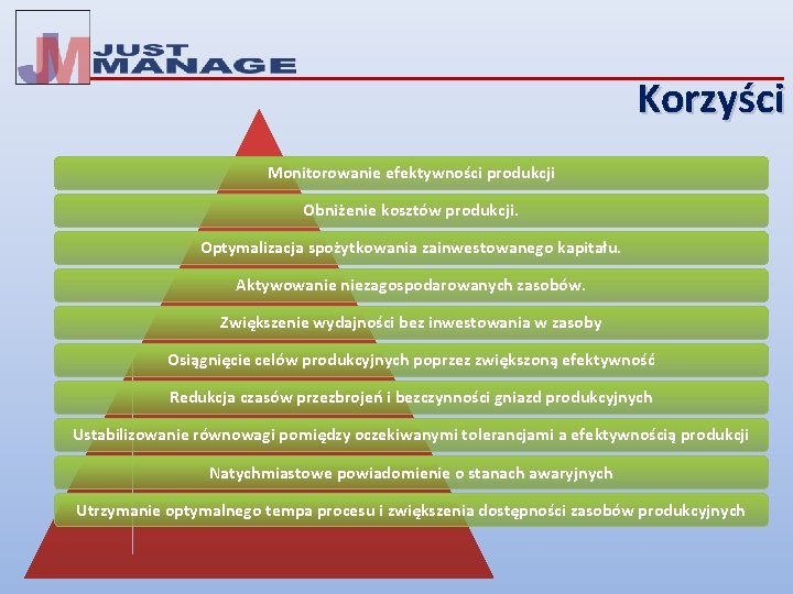 Korzyści Monitorowanie efektywności produkcji Obniżenie kosztów produkcji. Optymalizacja spożytkowania zainwestowanego kapitału. Aktywowanie niezagospodarowanych zasobów.