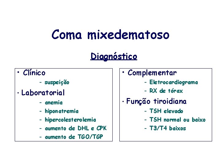 Coma mixedematoso Diagnóstico • Clínico • Complementar - suspeição • - Eletrocardiograma - RX