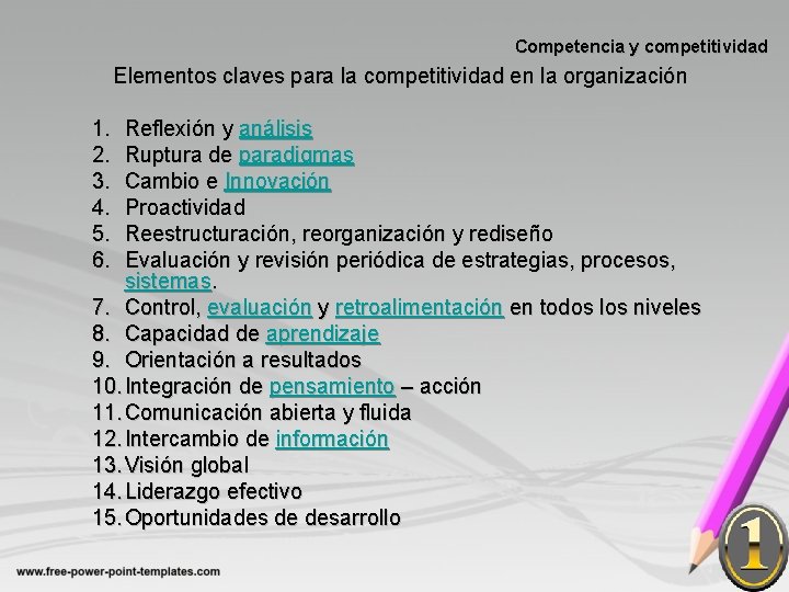 Competencia y competitividad Elementos claves para la competitividad en la organización 1. 2. 3.