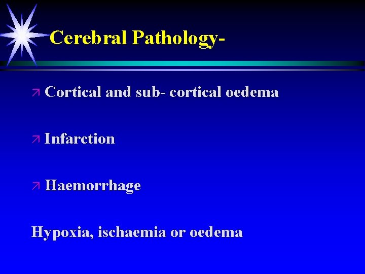 Cerebral Pathologyä Cortical and sub- cortical oedema ä Infarction ä Haemorrhage Hypoxia, ischaemia or