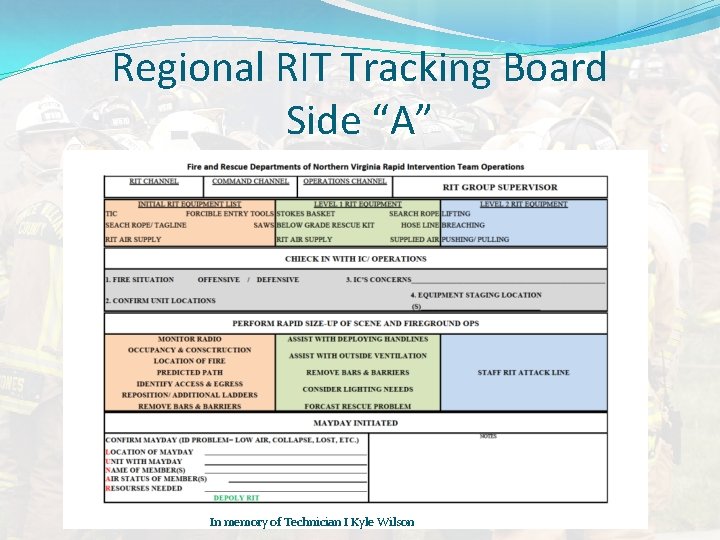 Regional RIT Tracking Board Side “A” In memory of Technician I Kyle Wilson 