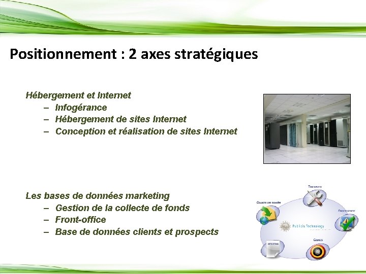 Positionnement : 2 axes stratégiques Hébergement et Internet – Infogérance – Hébergement de sites