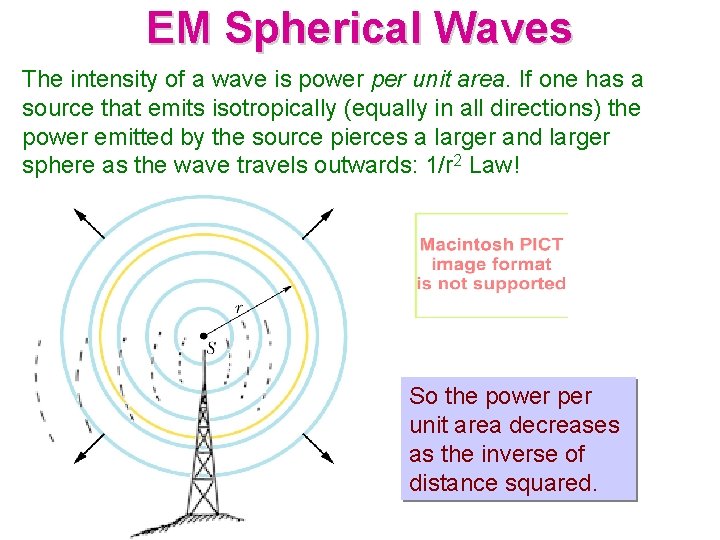 EM Spherical Waves The intensity of a wave is power per unit area. If