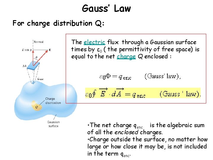 Gauss’ Law For charge distribution Q: The electric flux through a Gaussian surface times