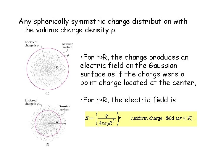 Any spherically symmetric charge distribution with the volume charge density ρ • For r>R,