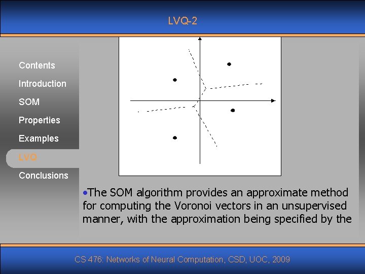 LVQ-2 Contents Introduction SOM Properties Examples LVQ Conclusions • The SOM algorithm provides an