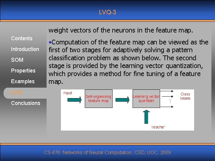LVQ-3 weight vectors of the neurons in the feature map. Contents Introduction SOM Properties