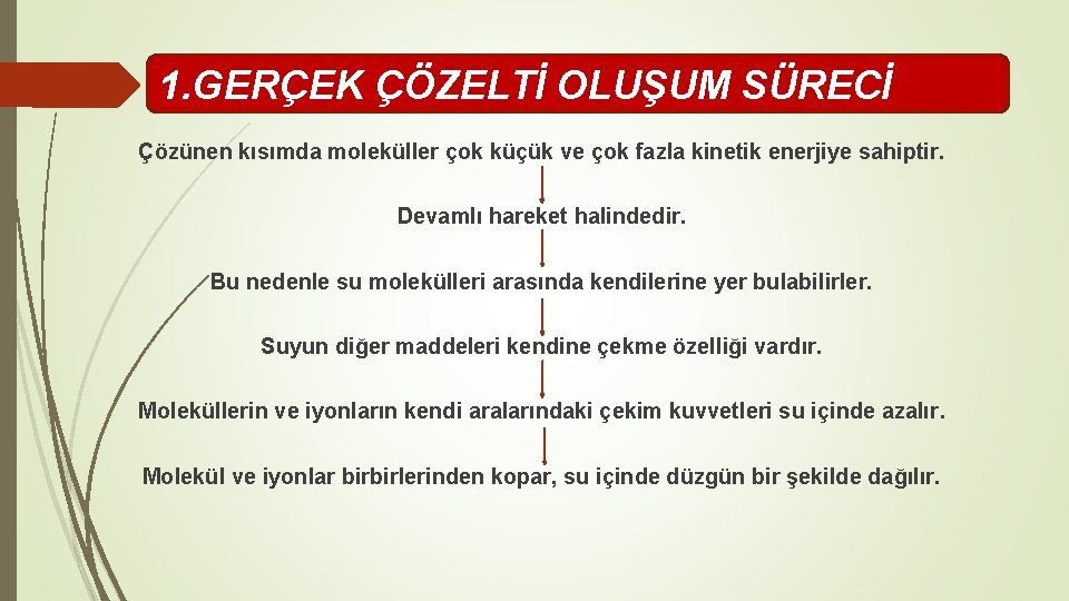 1. GERÇEK ÇÖZELTİ OLUŞUM SÜRECİ Çözünen kısımda moleküller çok küçük ve çok fazla kinetik