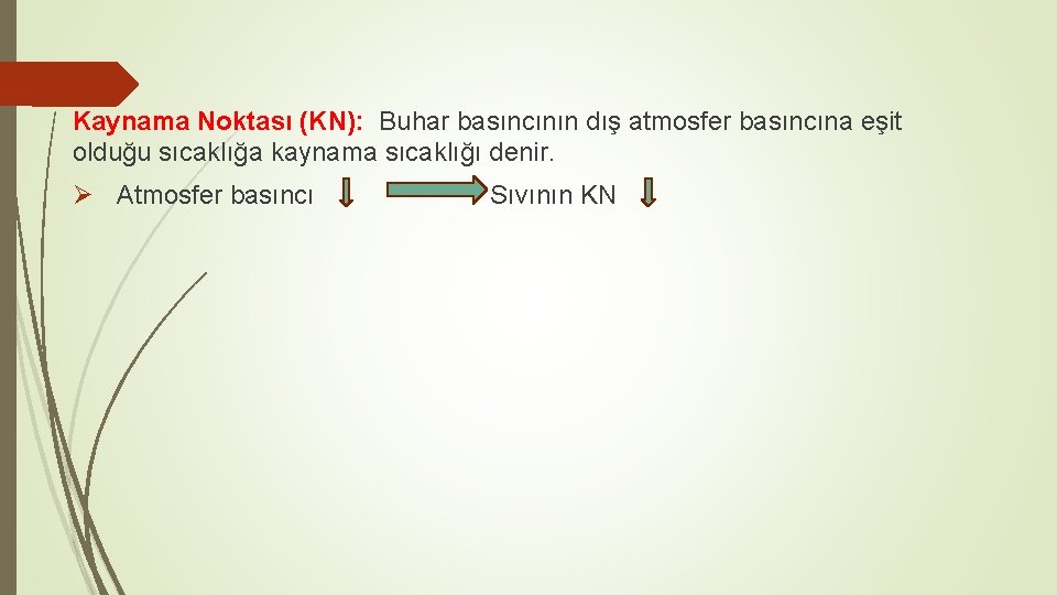 Kaynama Noktası (KN): Buhar basıncının dış atmosfer basıncına eşit olduğu sıcaklığa kaynama sıcaklığı denir.