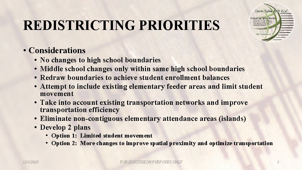 REDISTRICTING PRIORITIES • Considerations • • No changes to high school boundaries Middle school REDISTRICTING PRIORITIES • Considerations • • No changes to high school boundaries Middle school