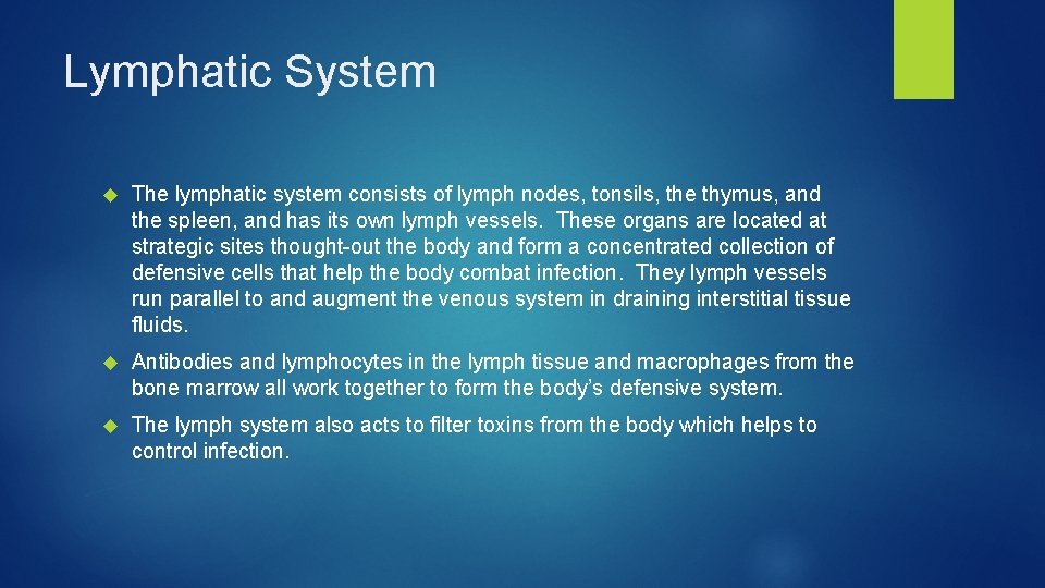 Lymphatic System The lymphatic system consists of lymph nodes, tonsils, the thymus, and the