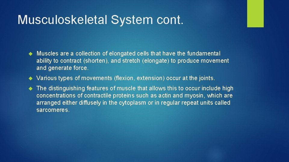 Musculoskeletal System cont. Muscles are a collection of elongated cells that have the fundamental