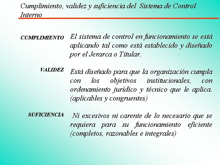 Cumplimiento, validez y suficiencia del Sistema de Control Interno CUMPLIMIENTO El sistema de control