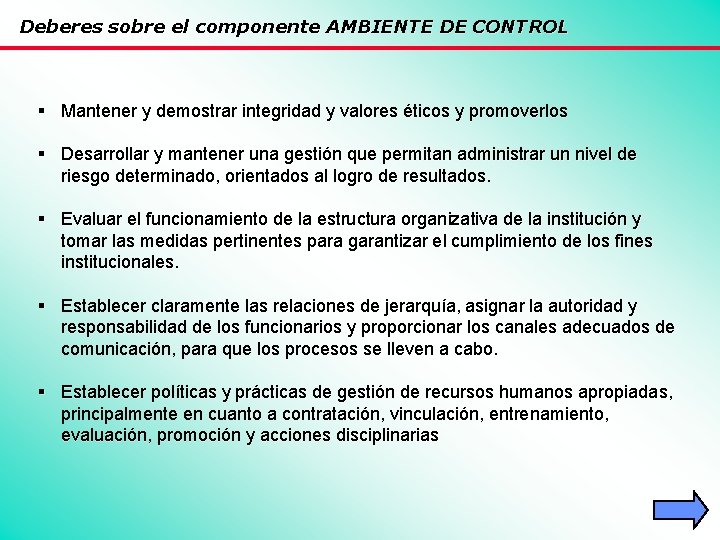 Deberes sobre el componente AMBIENTE DE CONTROL § Mantener y demostrar integridad y valores