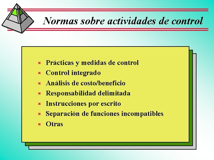 Normas sobre actividades de control û û û û Prácticas y medidas de control