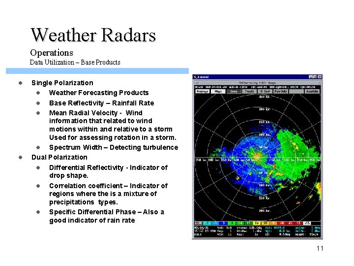 Weather Radars Operations Data Utilization – Base Products l l Single Polarization l Weather