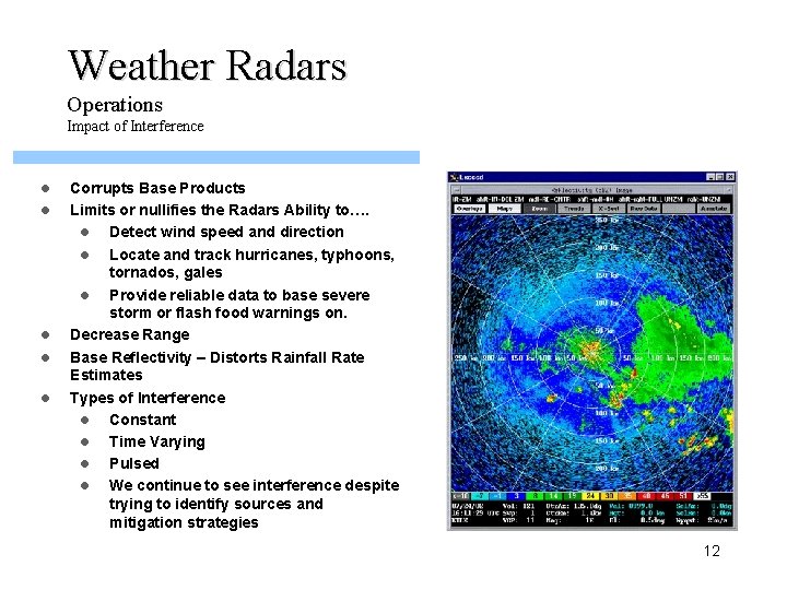 Weather Radars Operations Impact of Interference l l l Corrupts Base Products Limits or