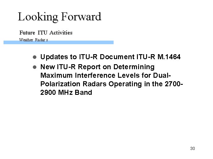 Looking Forward Future ITU Activities Weather Radar s Updates to ITU-R Document ITU-R M.