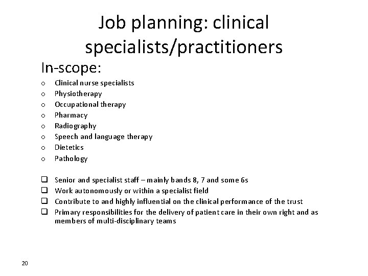 Job planning: clinical specialists/practitioners In-scope: 20 o o o o Clinical nurse specialists Physiotherapy