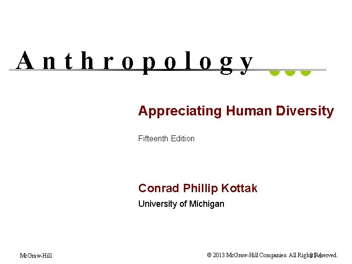Anthropology Appreciating Human Diversity Fifteenth Edition Conrad Phillip Kottak University of Michigan Mc. Graw-Hill