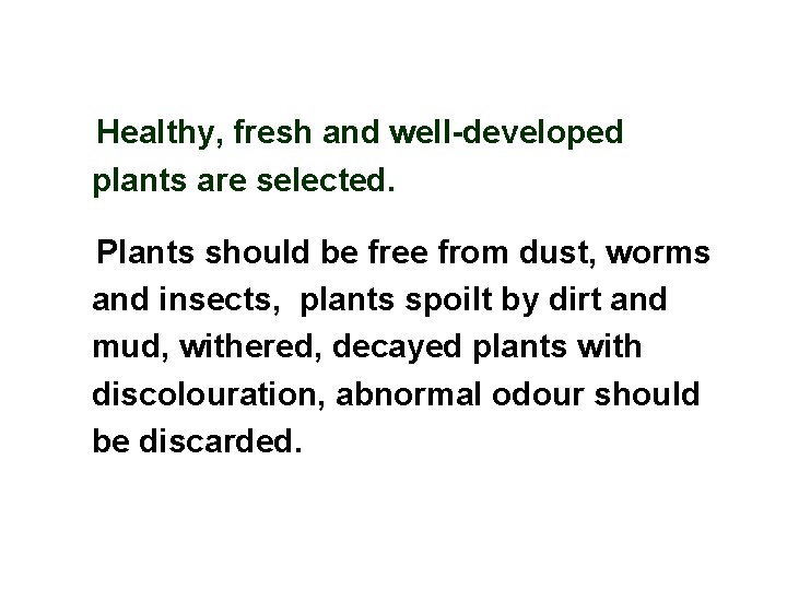  • Healthy, fresh and well-developed plants are selected. • Plants should be free