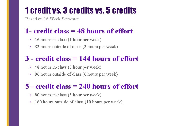 1 credit vs. 3 credits vs. 5 credits Based on 16 Week Semester 1