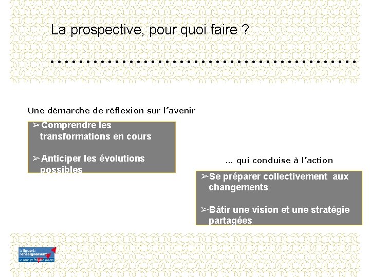 La prospective, pour quoi faire ? Une démarche de réflexion sur l’avenir ➢Comprendre les